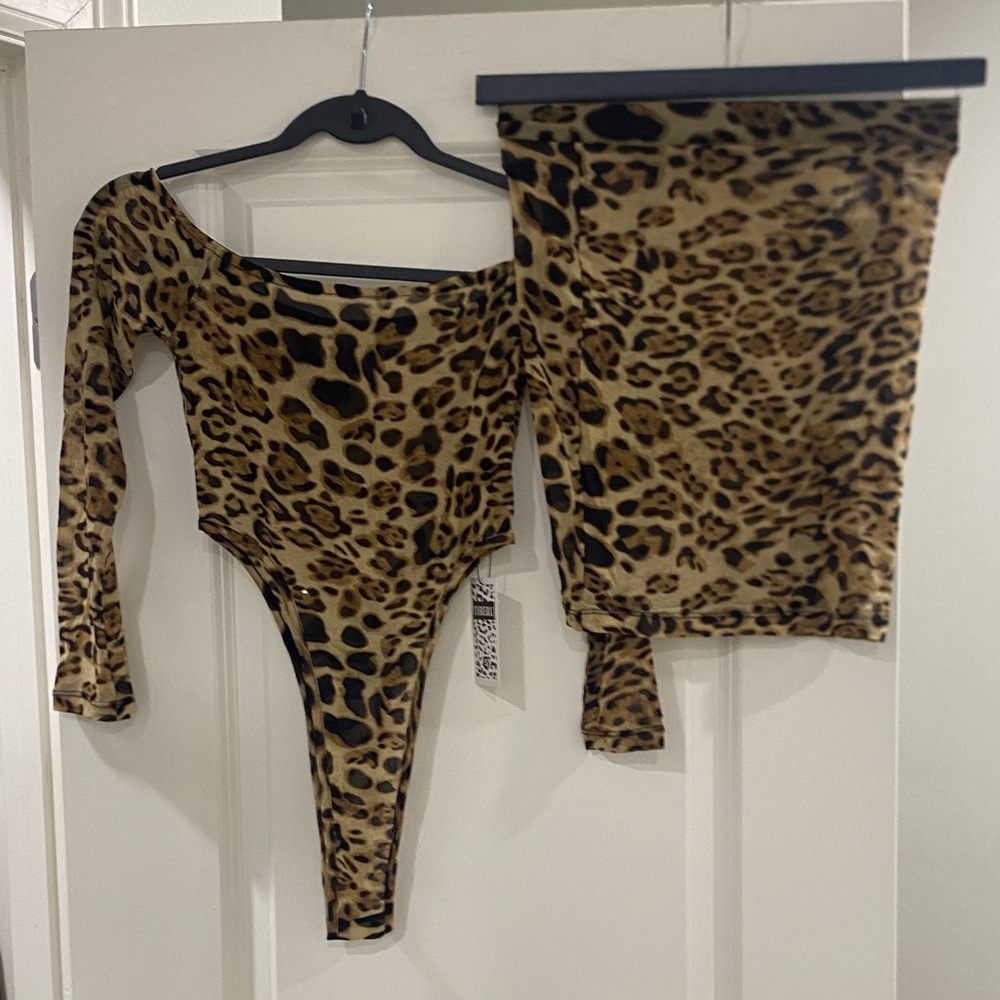 Fashion Nova Leopard Print Off-Shoulder Bodysuit & Skirt Set - Brown Black